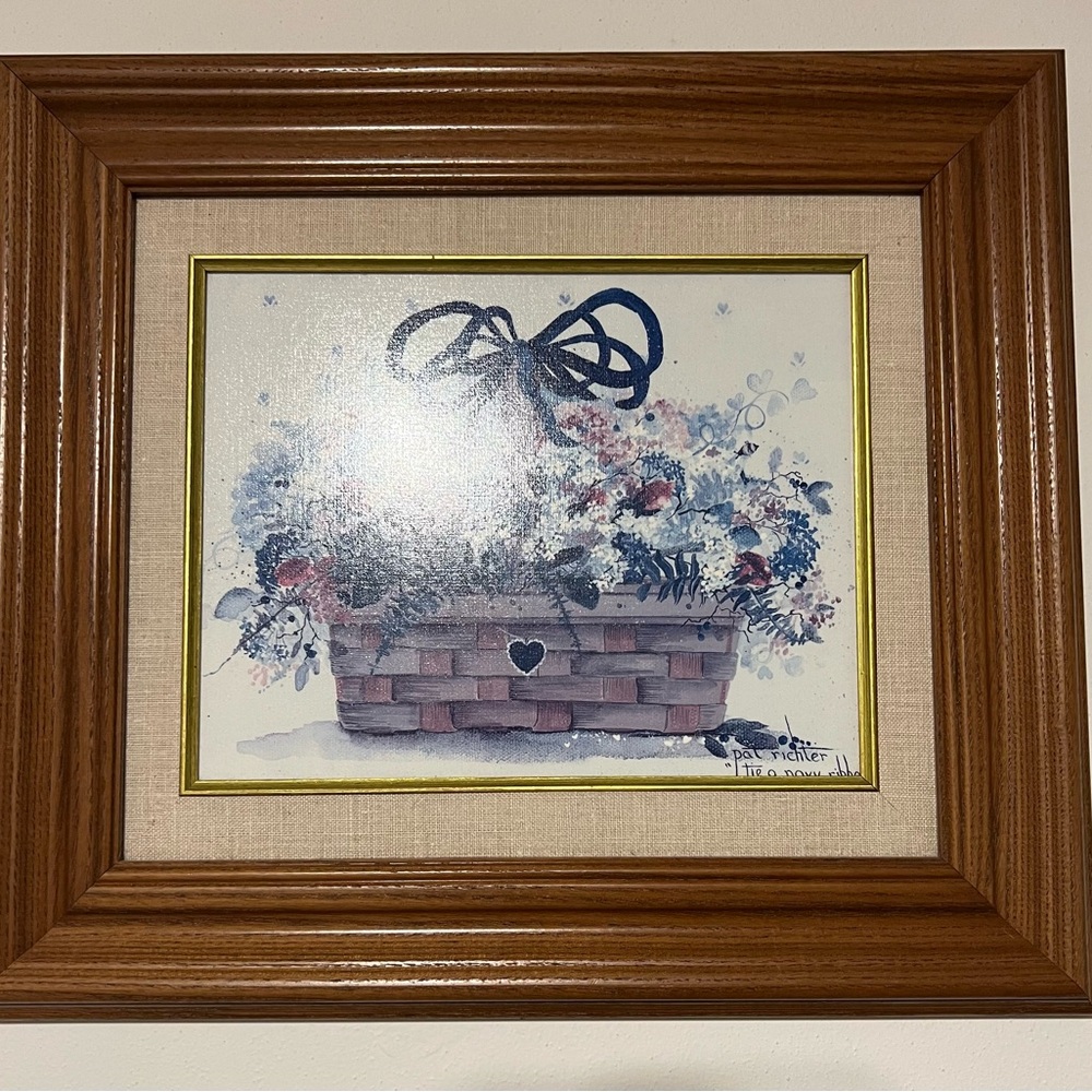 Pat Richter Longaberger Print 16X14 “Tie A Navy Ribbon” Solid Oak Frame